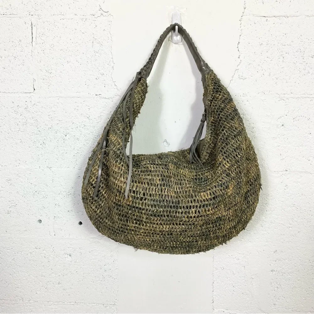 NEW Flora Bella tan green  raffia leather boho hobo shoulder bag